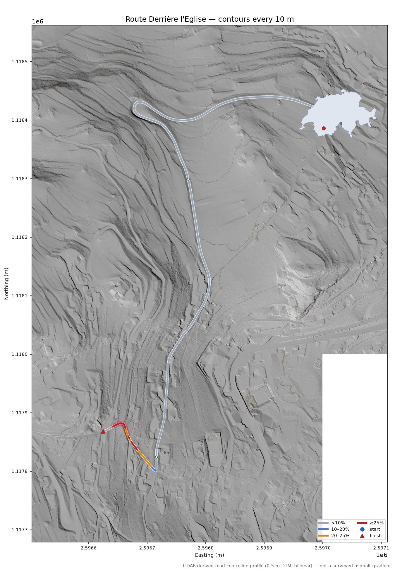 Route Derrière l'Eglise LiDAR hillshade map with contours