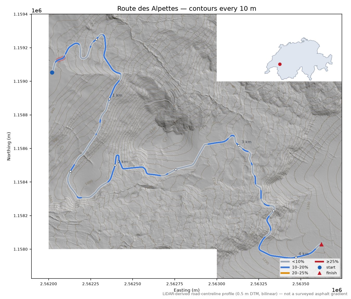 Route des Alpettes LiDAR hillshade map with contours
