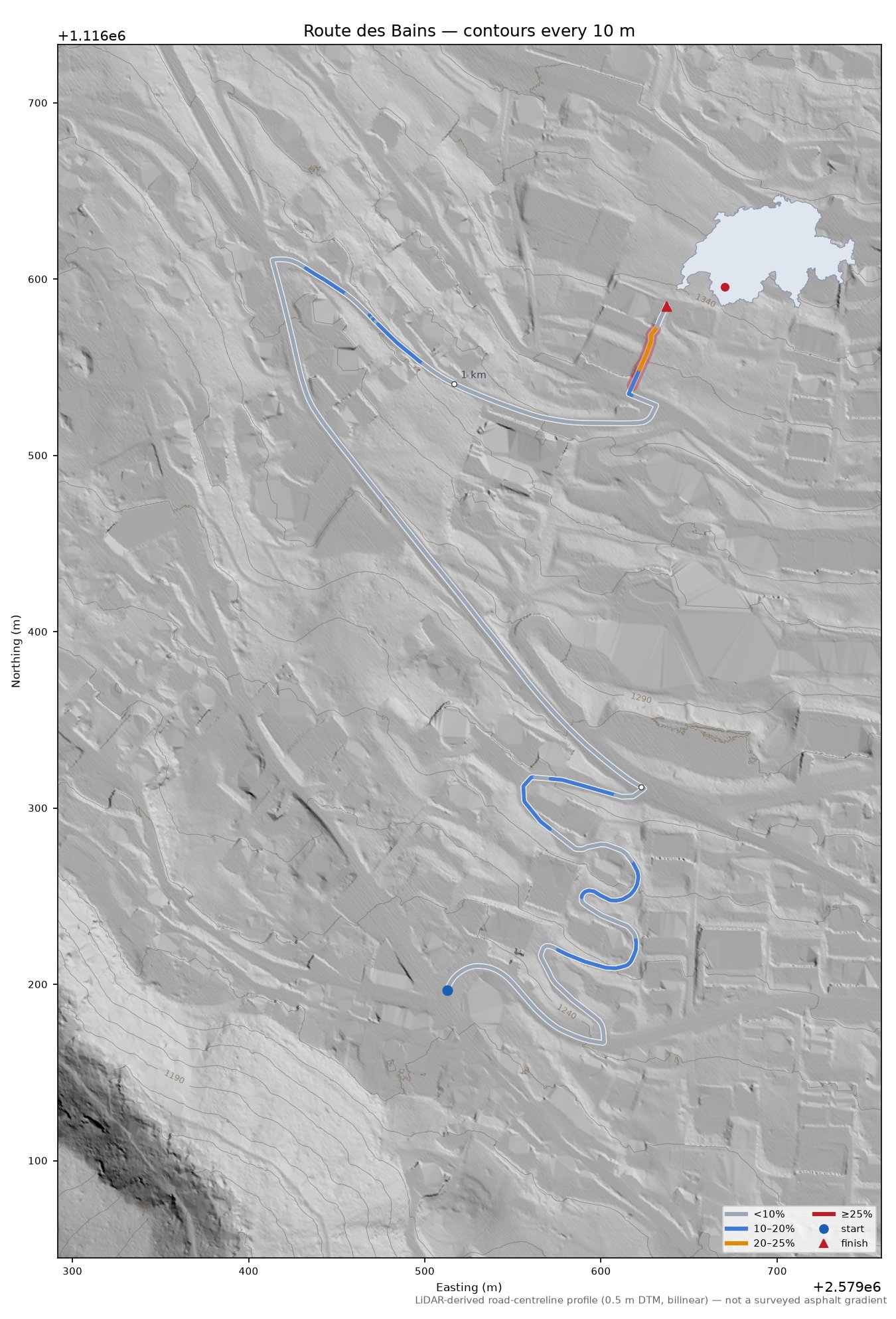 Route des Bains LiDAR hillshade map with contours