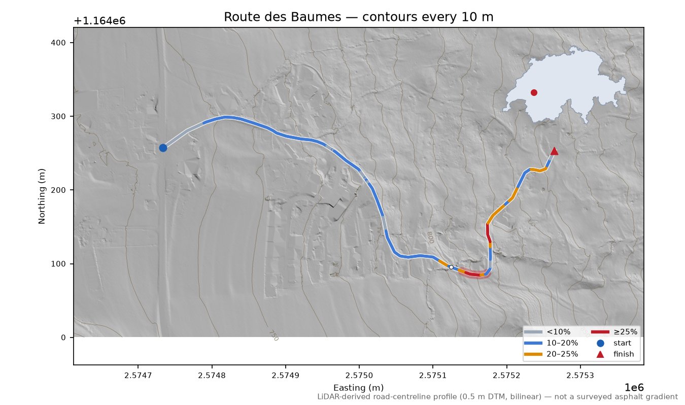 Route des Baumes LiDAR hillshade map with contours
