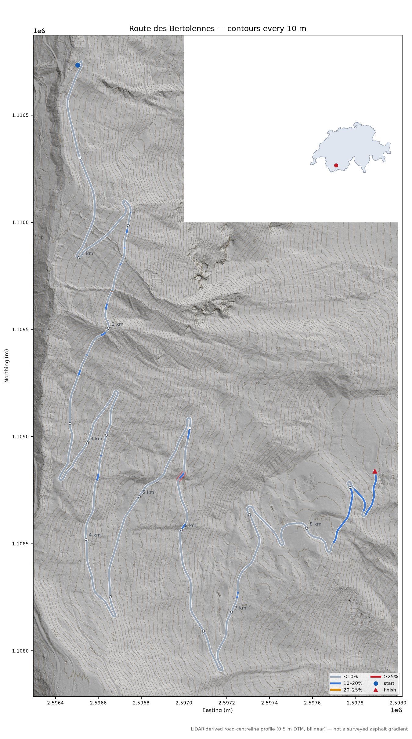 Route des Bertolennes LiDAR hillshade map with contours