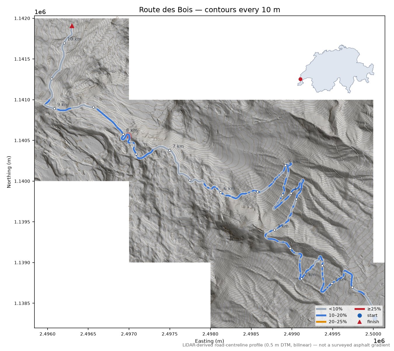 Route des Bois LiDAR hillshade map with contours