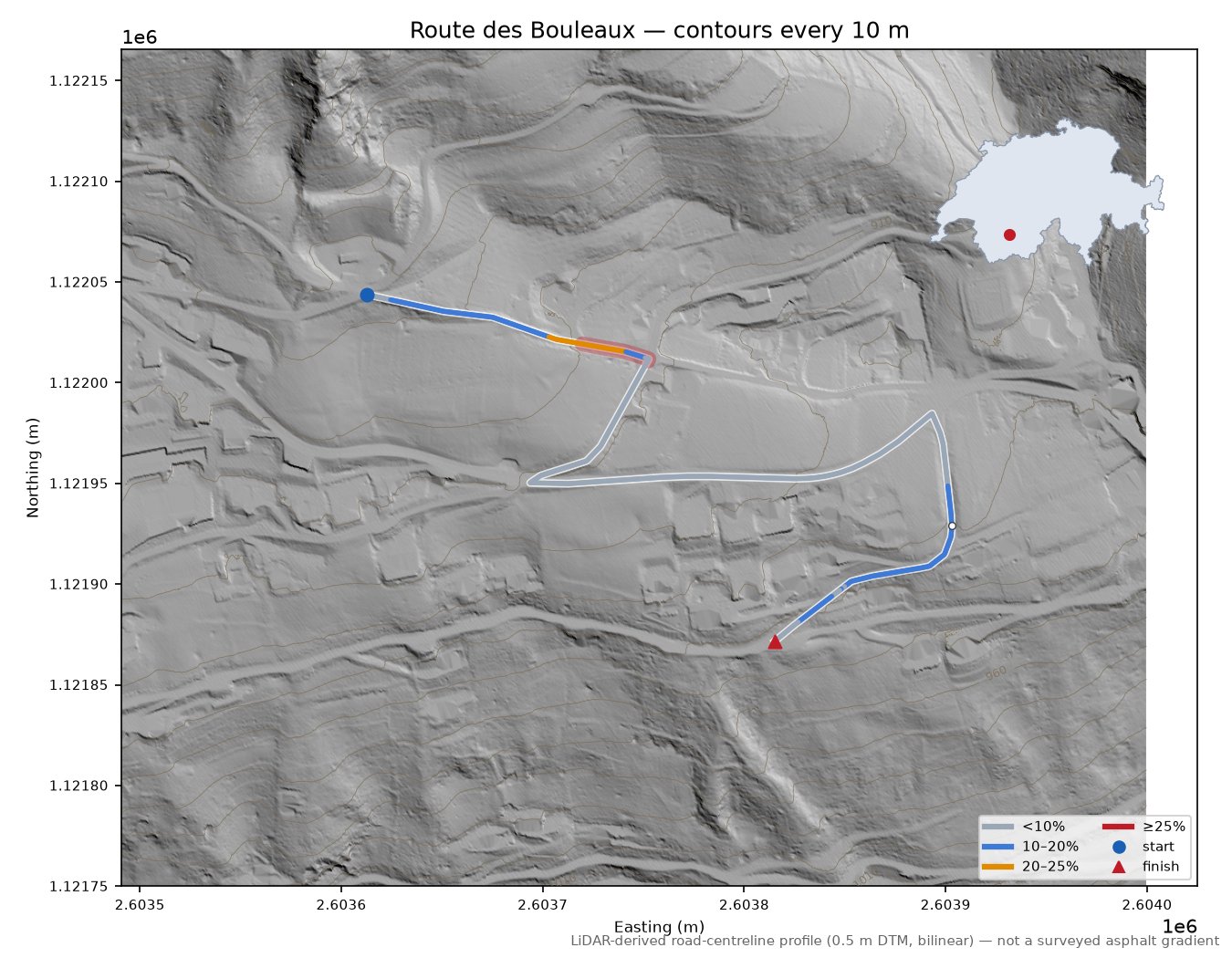 Route des Bouleaux LiDAR hillshade map with contours