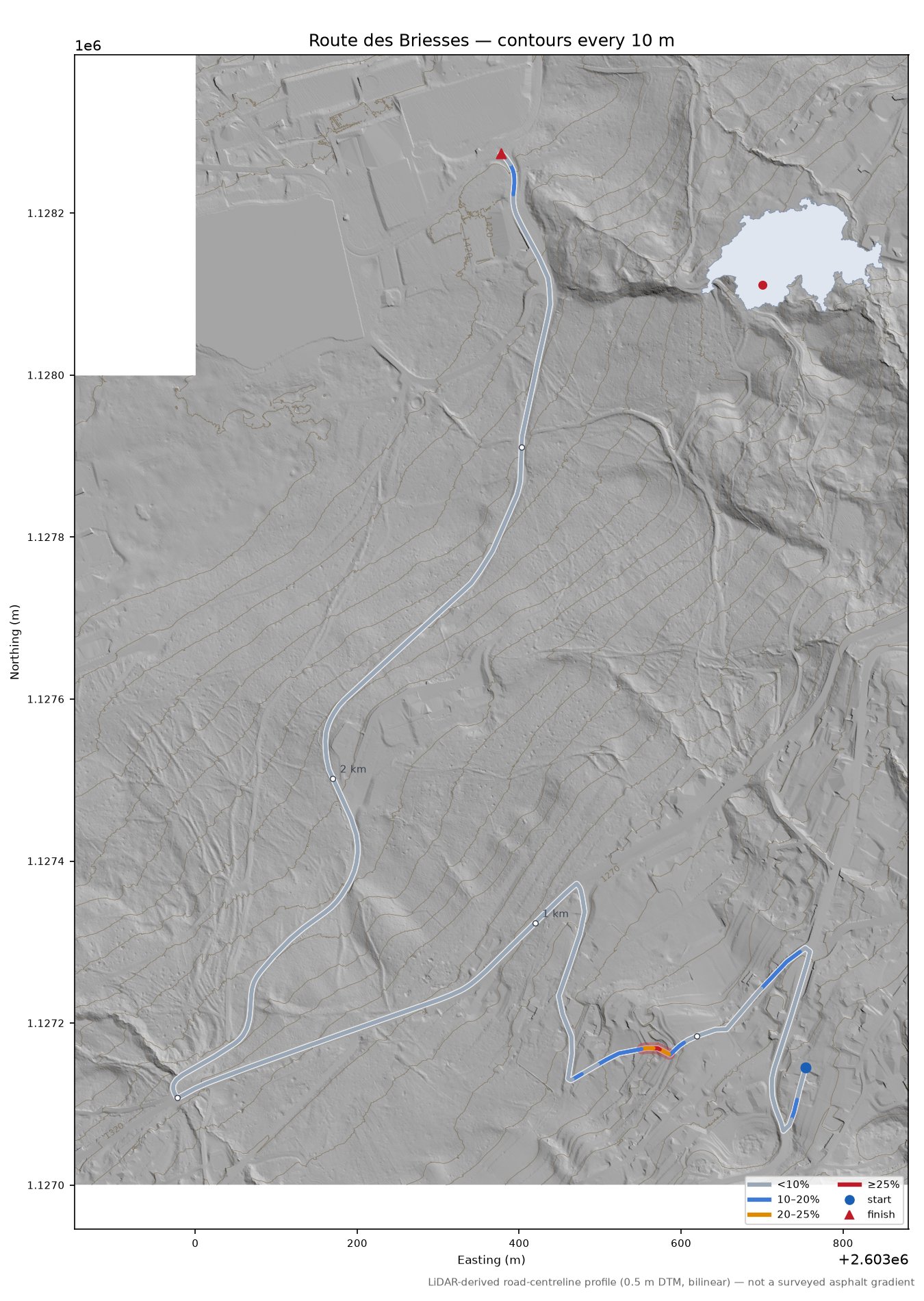 Route des Briesses LiDAR hillshade map with contours