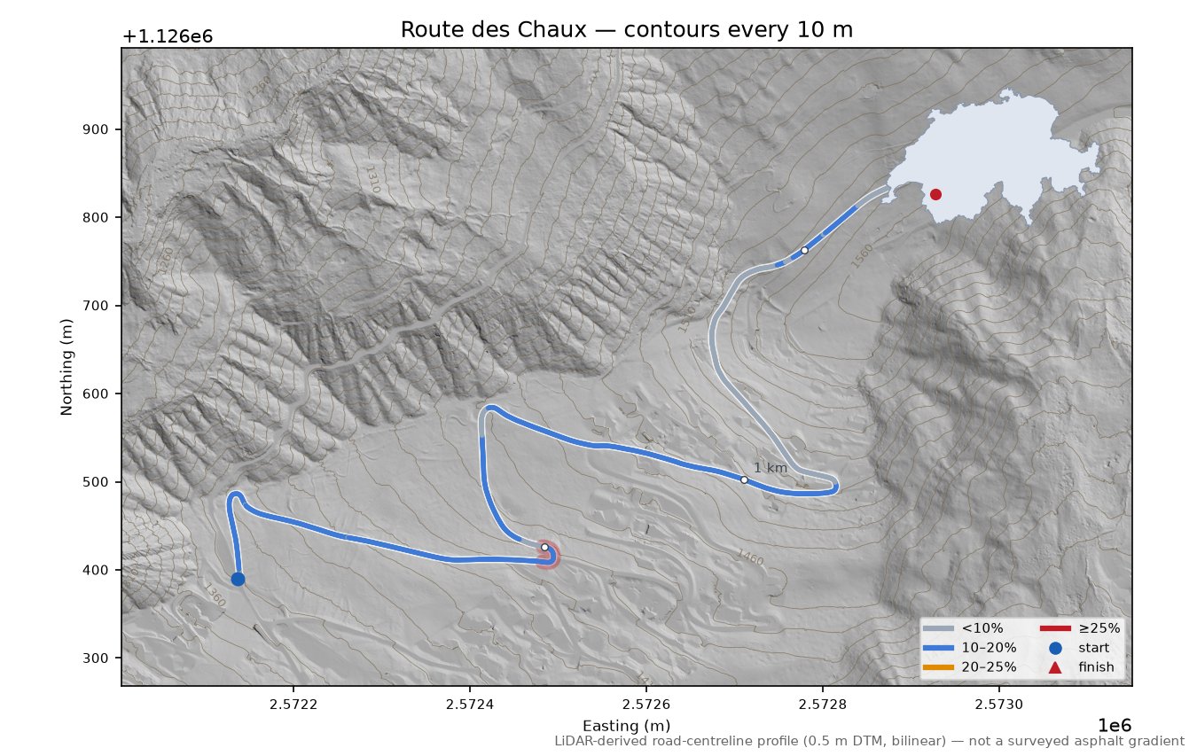 Route des Chaux LiDAR hillshade map with contours
