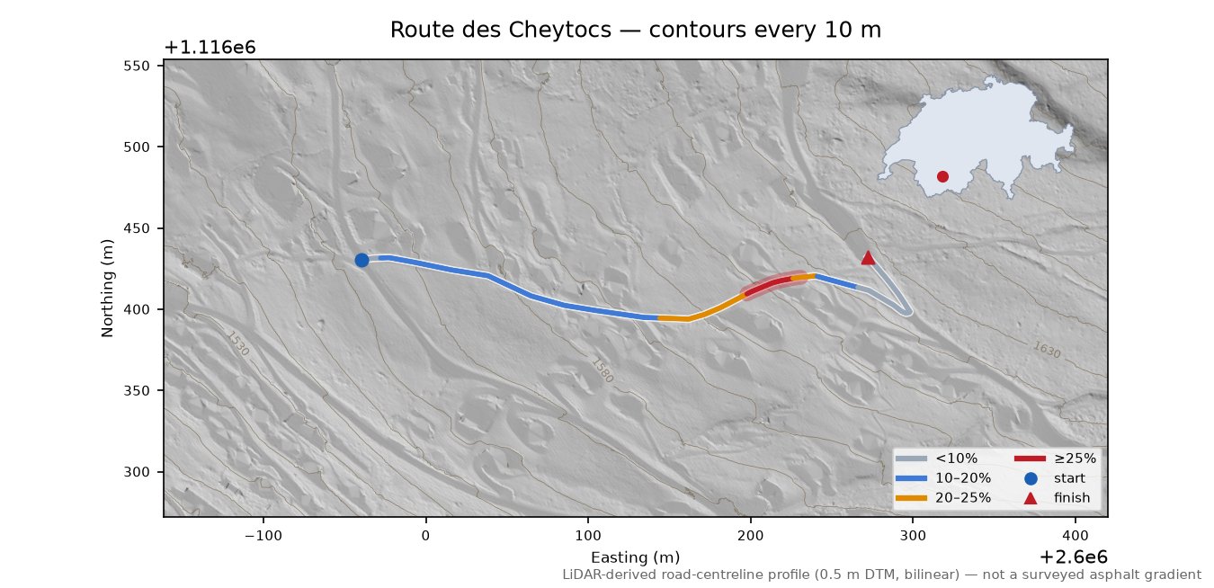 Route des Cheytocs LiDAR hillshade map with contours