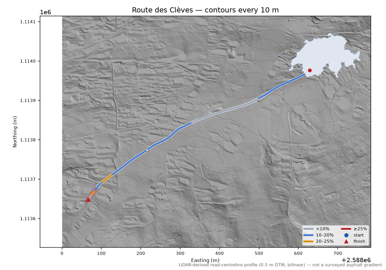 Route des Clèves LiDAR hillshade map with contours