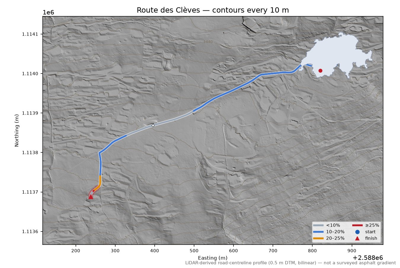 Route des Clèves LiDAR hillshade map with contours