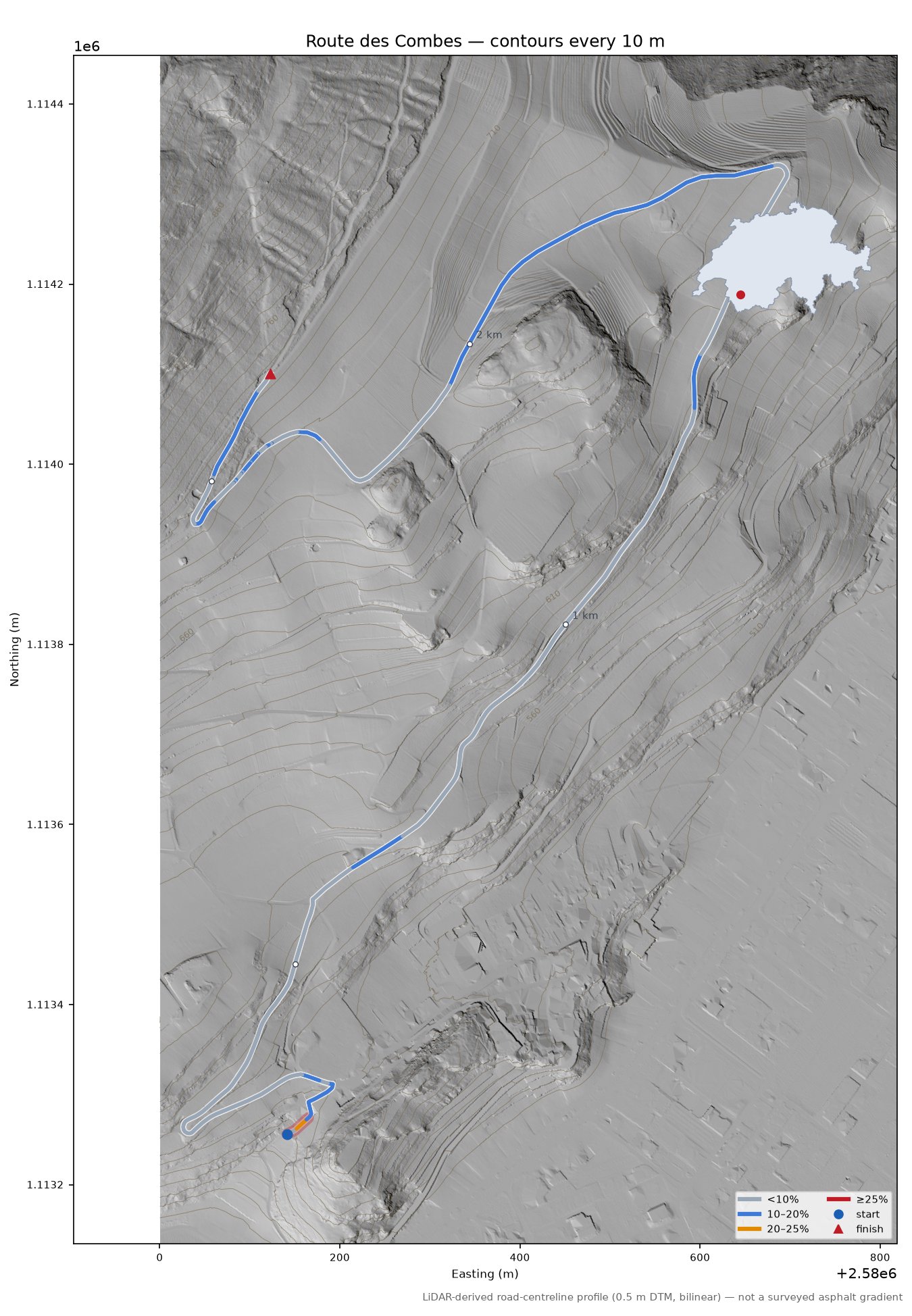 Route des Combes LiDAR hillshade map with contours