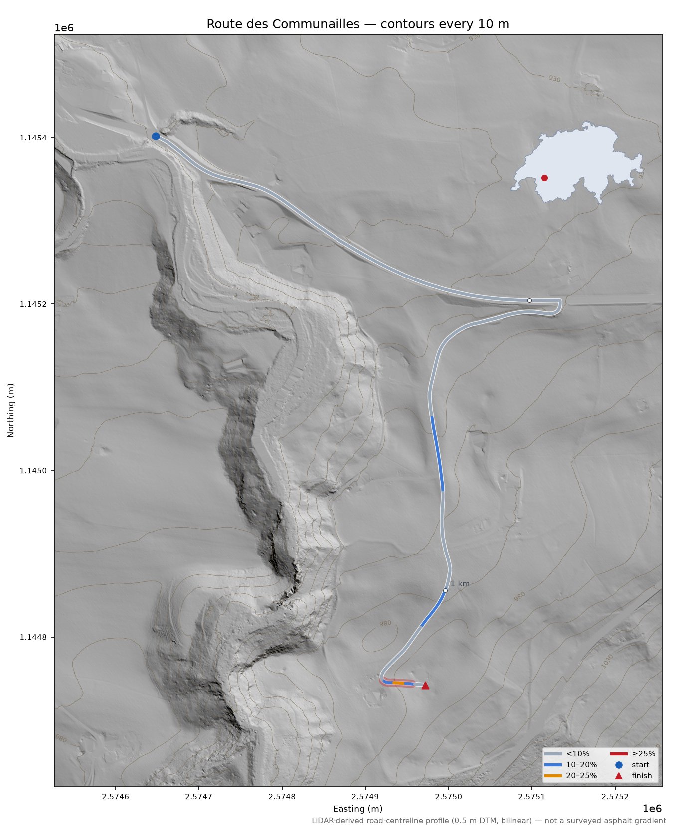 Route des Communailles LiDAR hillshade map with contours