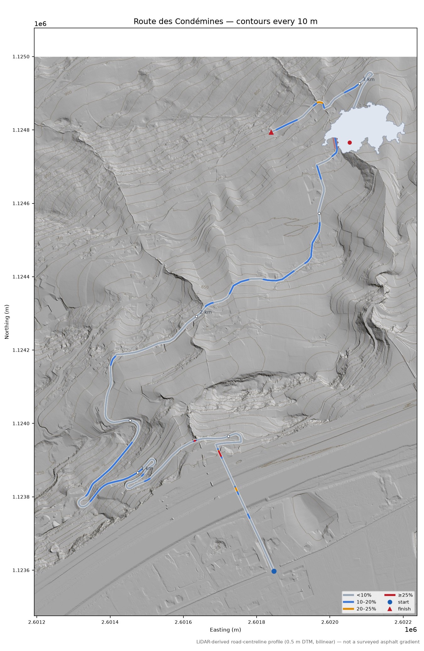 Route des Condémines LiDAR hillshade map with contours
