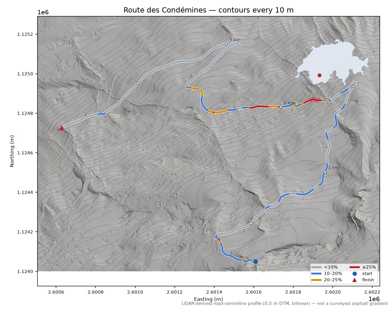 Route des Condémines LiDAR hillshade map with contours