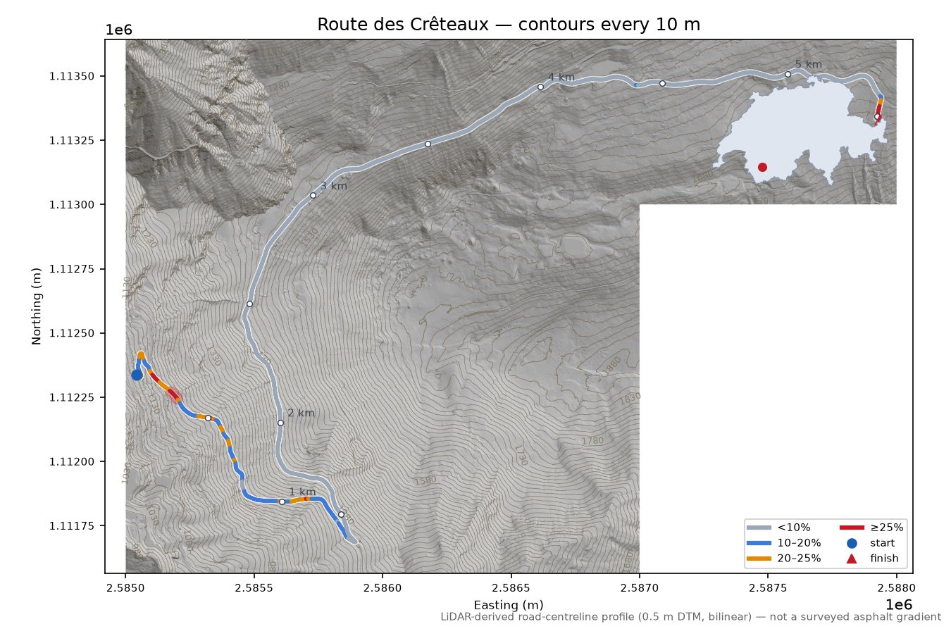 Route des Crêteaux LiDAR hillshade map with contours
