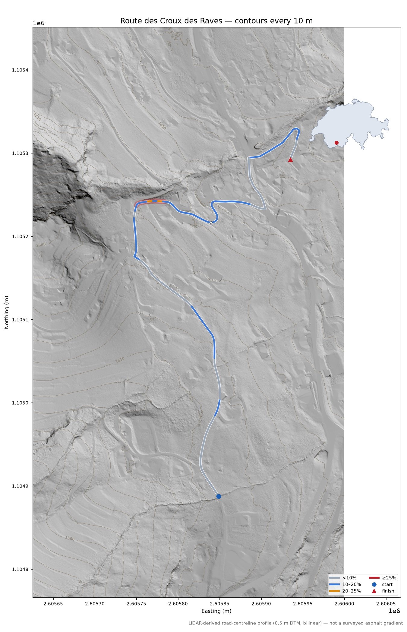 Route des Croux des Raves LiDAR hillshade map with contours