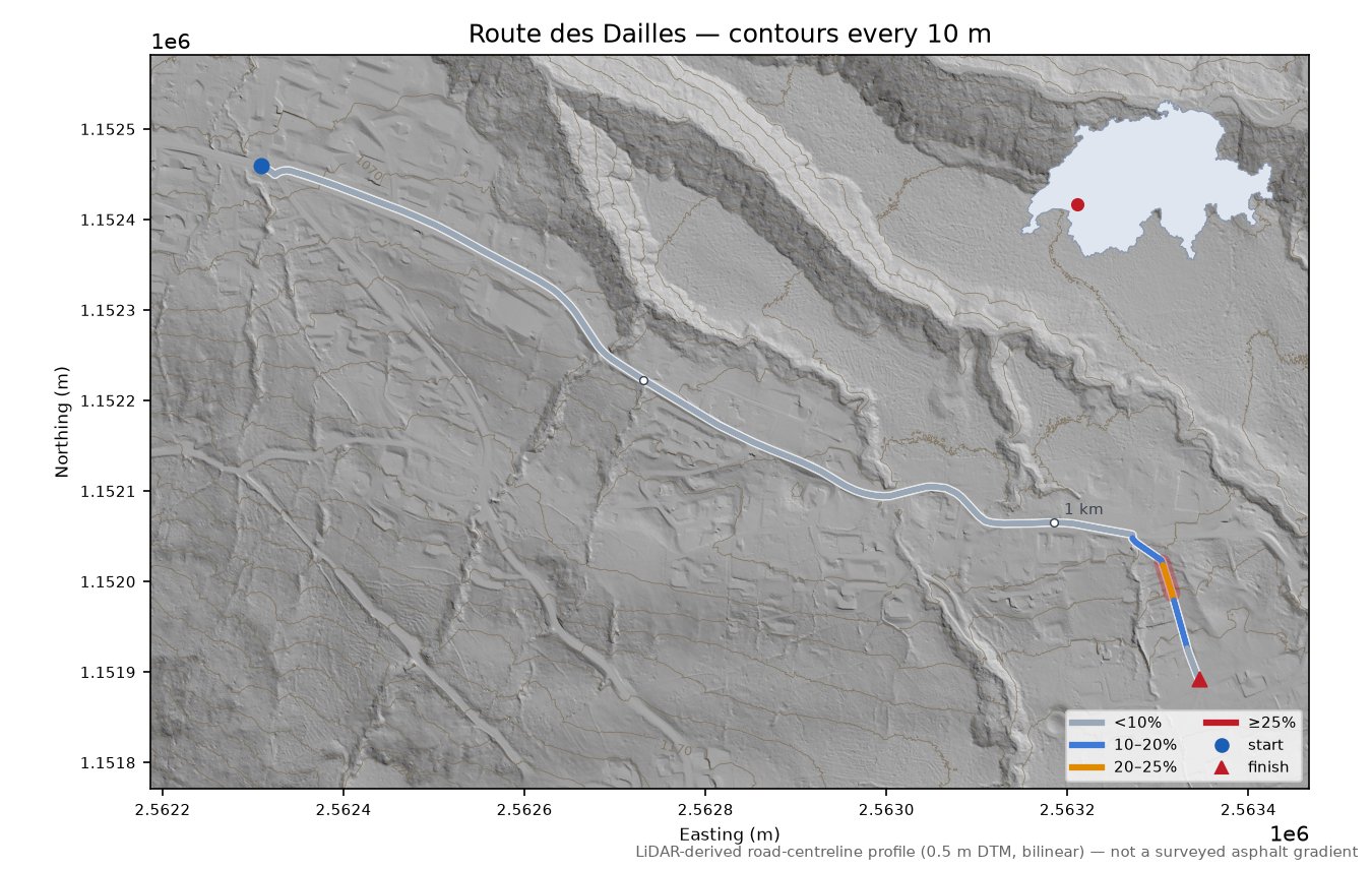 Route des Dailles LiDAR hillshade map with contours