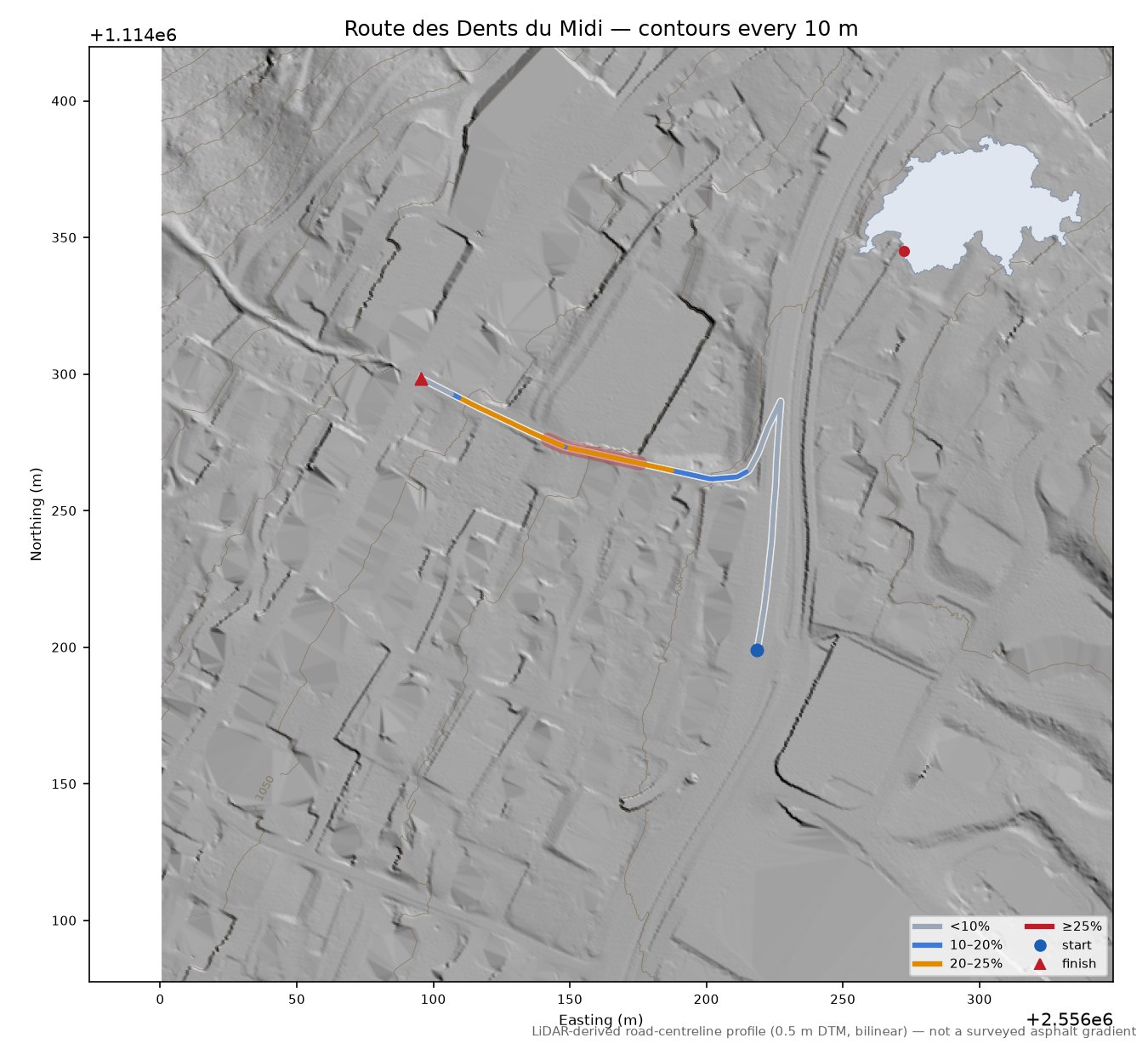 Route des Dents du Midi LiDAR hillshade map with contours