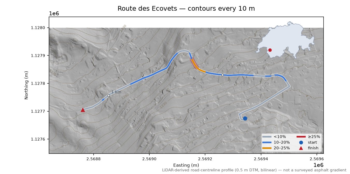 Route des Ecovets LiDAR hillshade map with contours