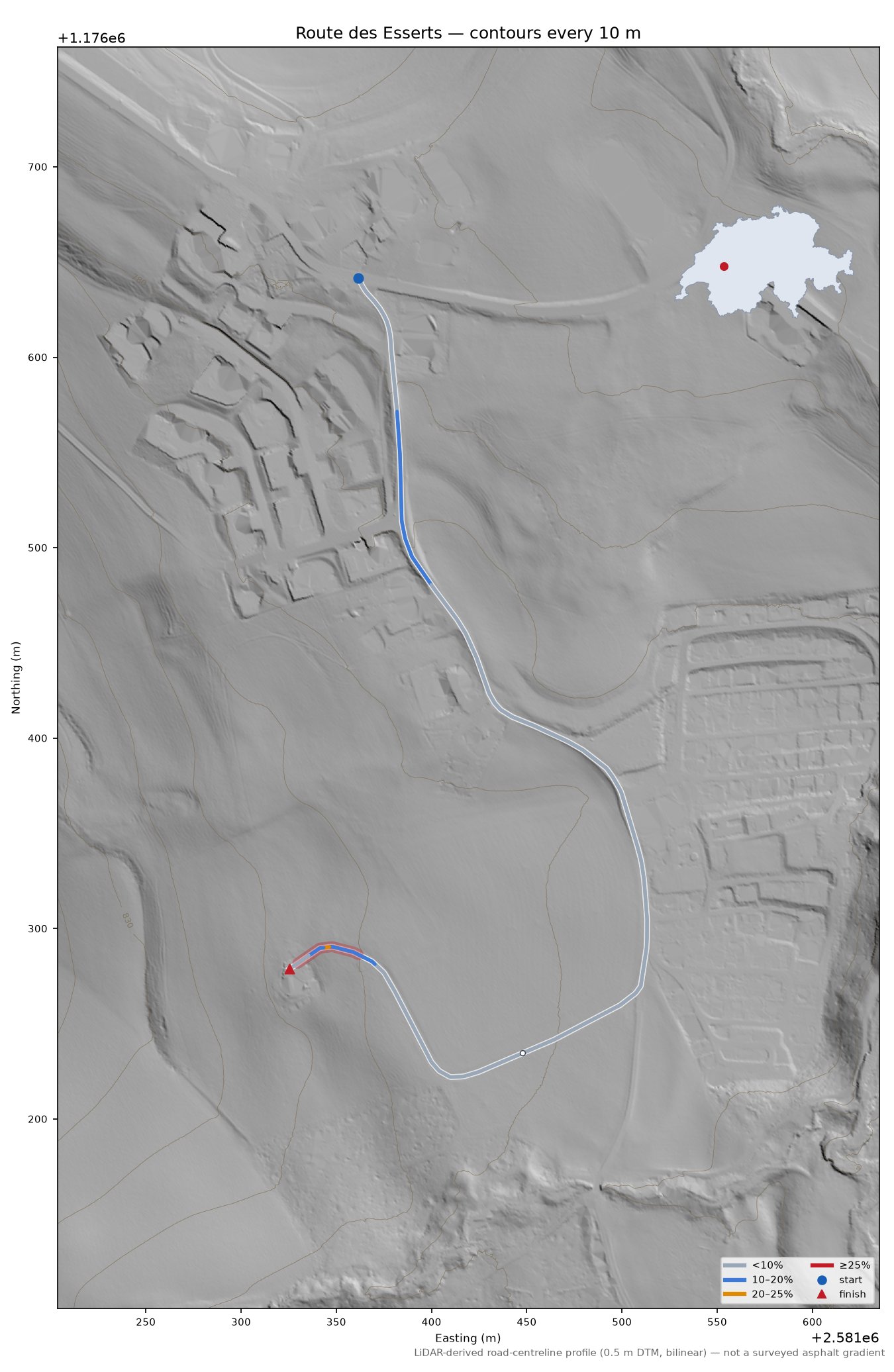 Route des Esserts LiDAR hillshade map with contours