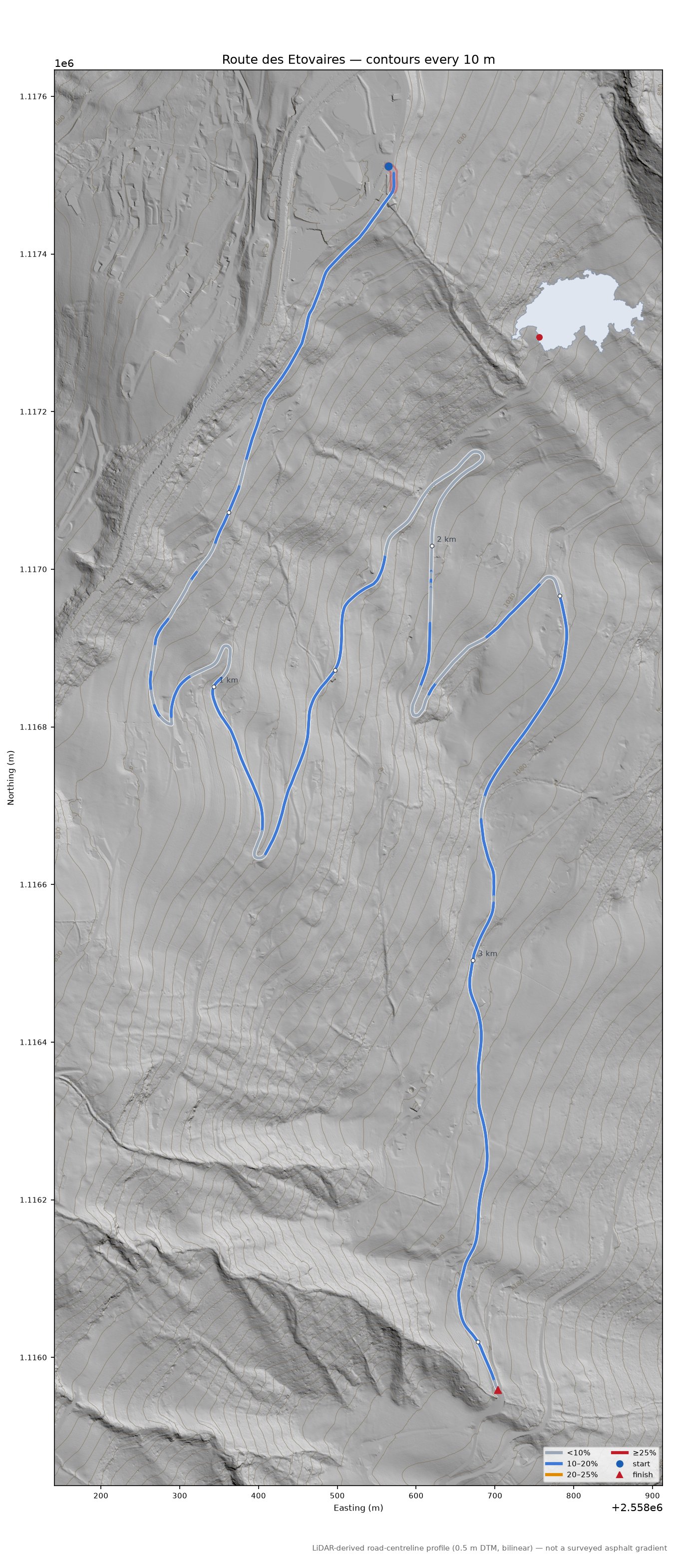 Route des Etovaires LiDAR hillshade map with contours