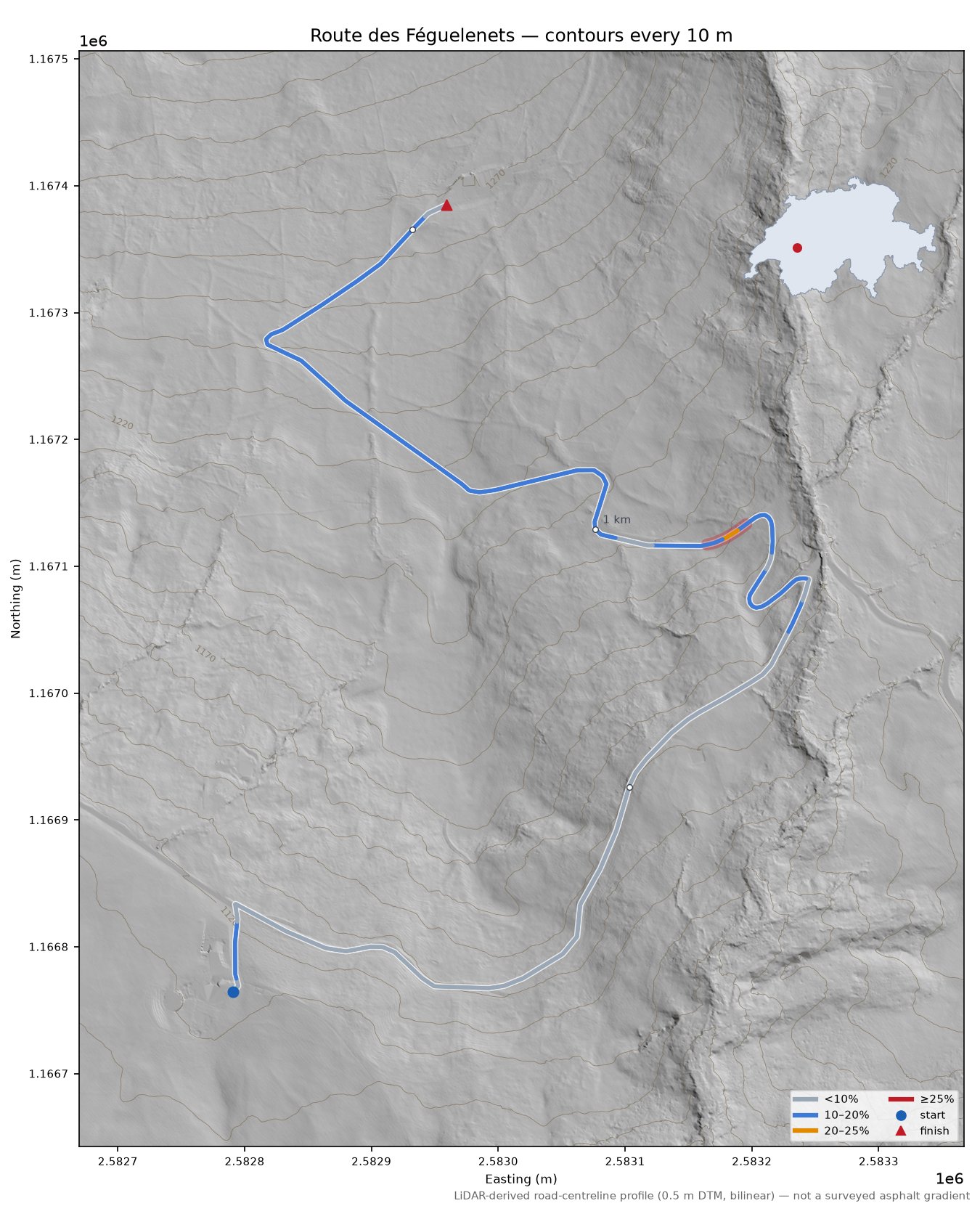 Route des Féguelenets LiDAR hillshade map with contours