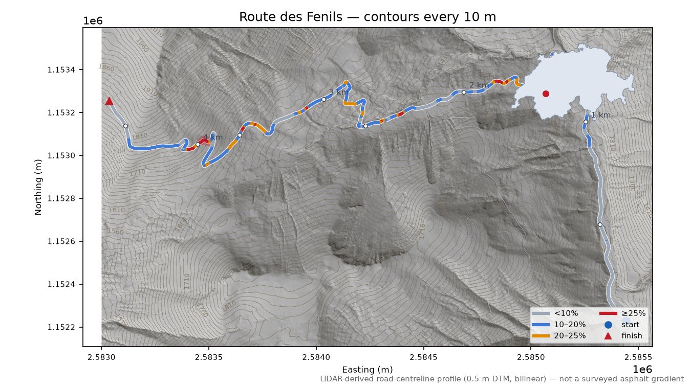 Route des Fenils LiDAR hillshade map with contours
