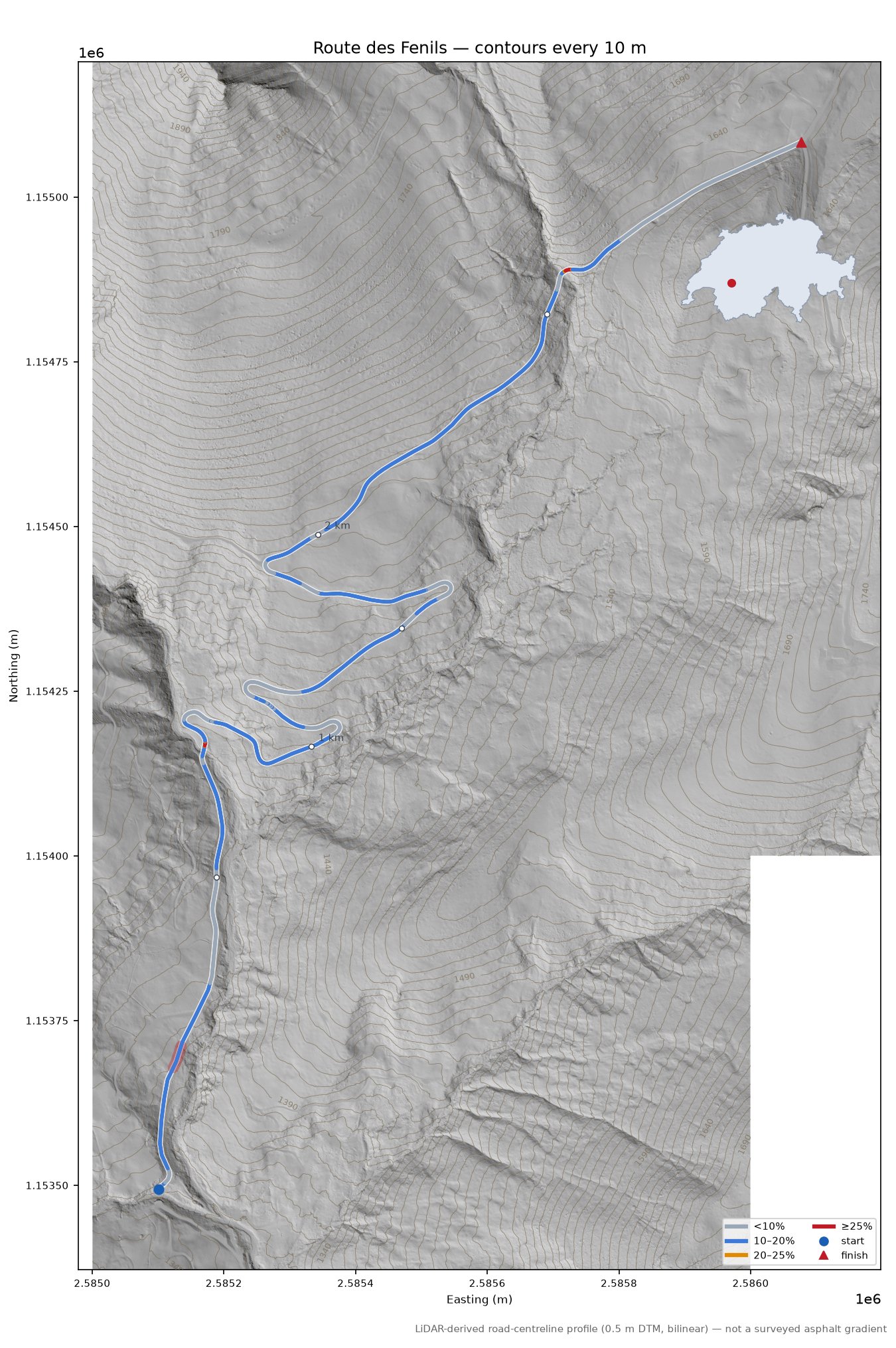 Route des Fenils LiDAR hillshade map with contours