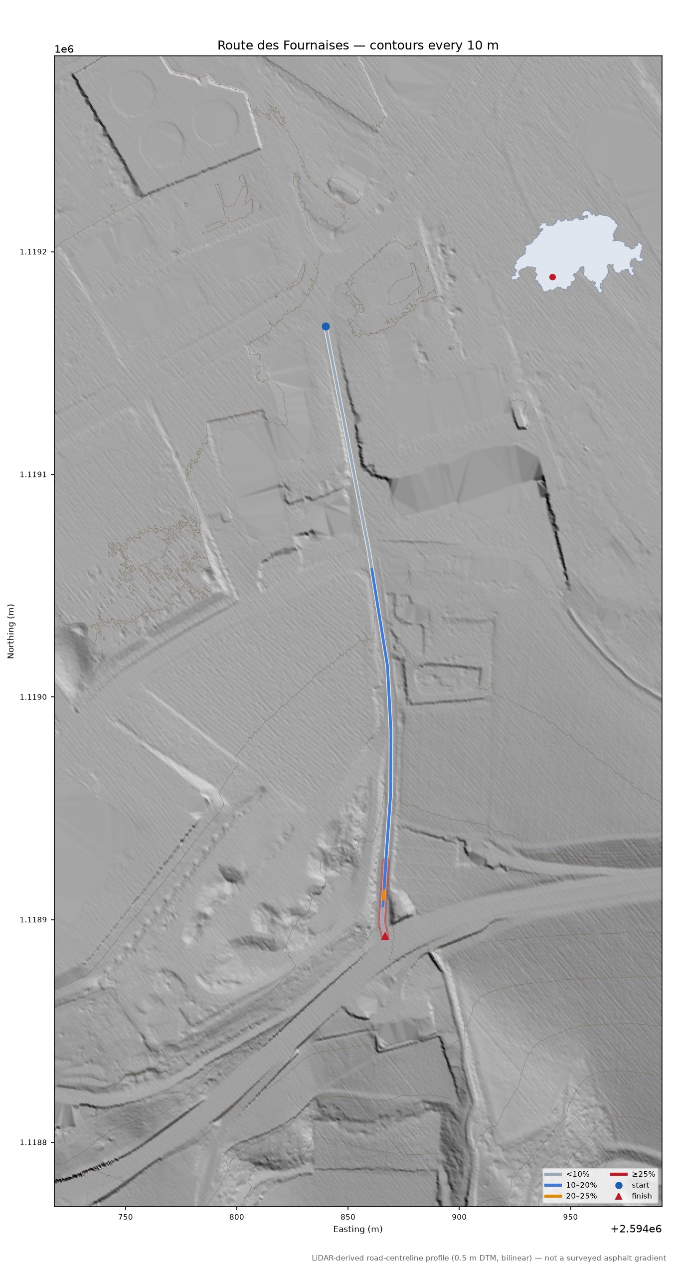 Route des Fournaises LiDAR hillshade map with contours