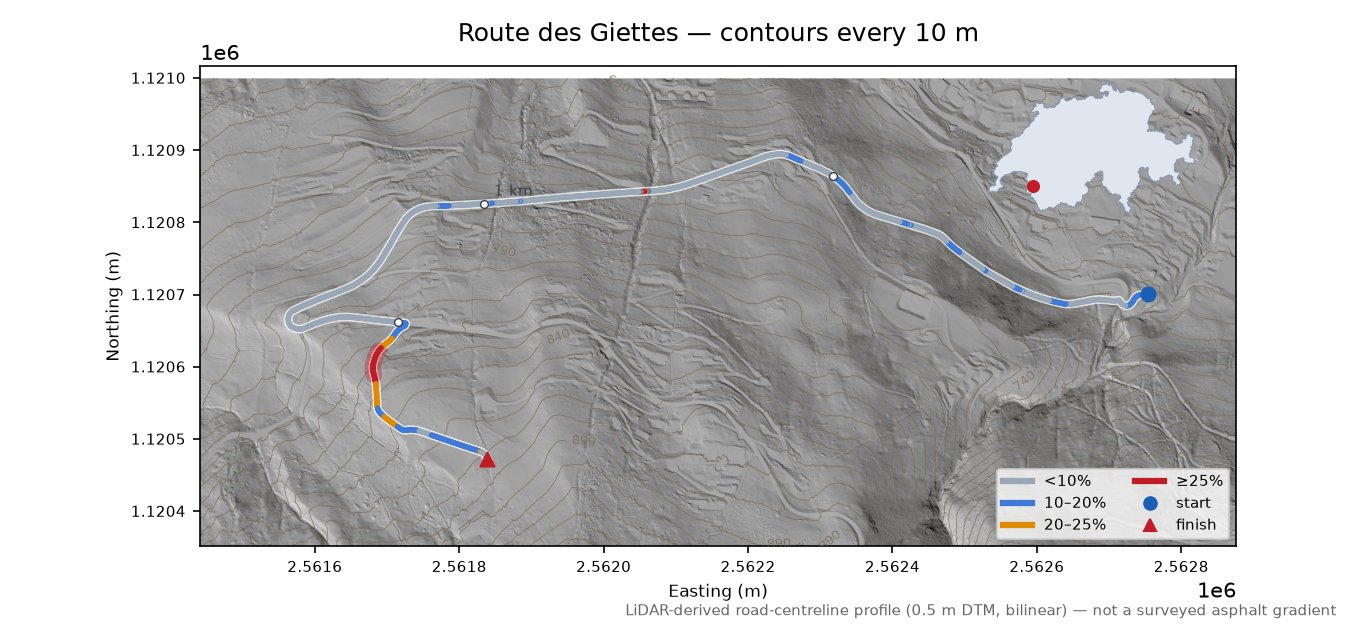 Route des Giettes LiDAR hillshade map with contours
