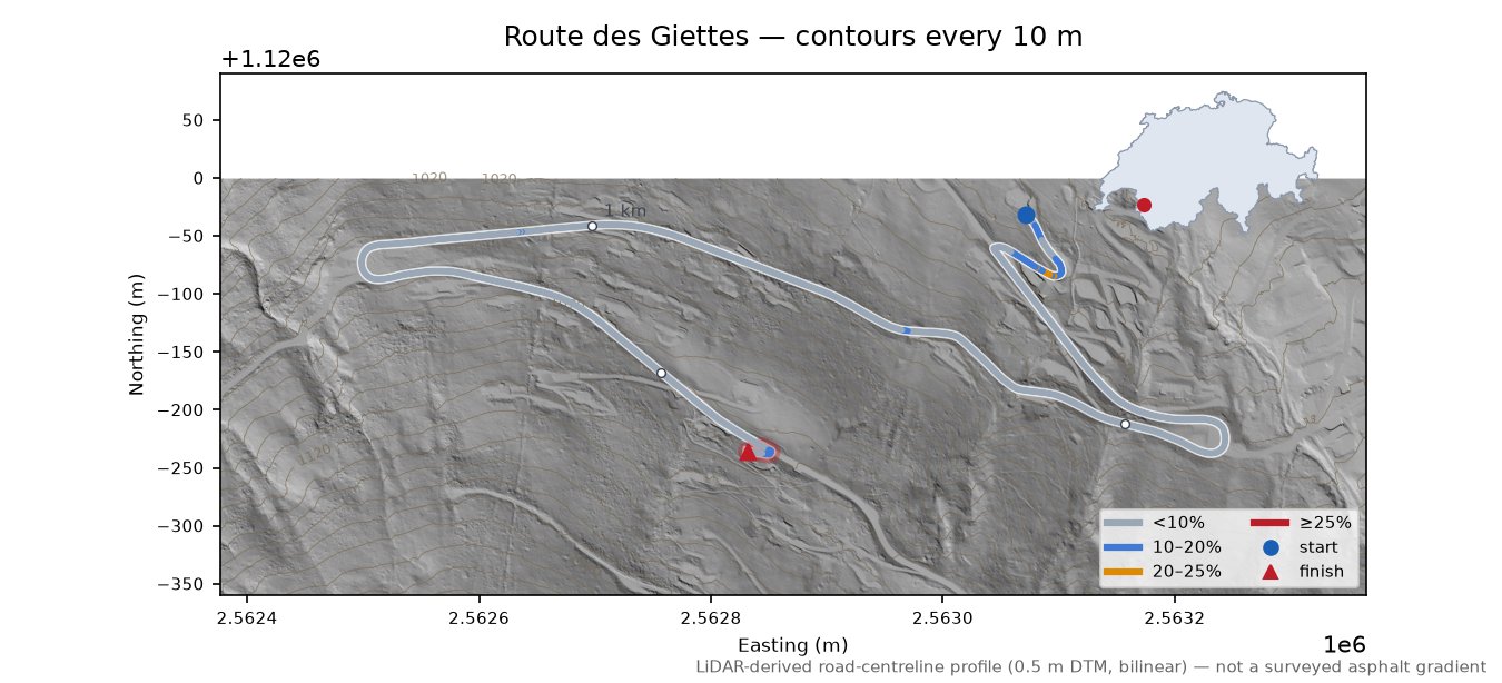 Route des Giettes LiDAR hillshade map with contours