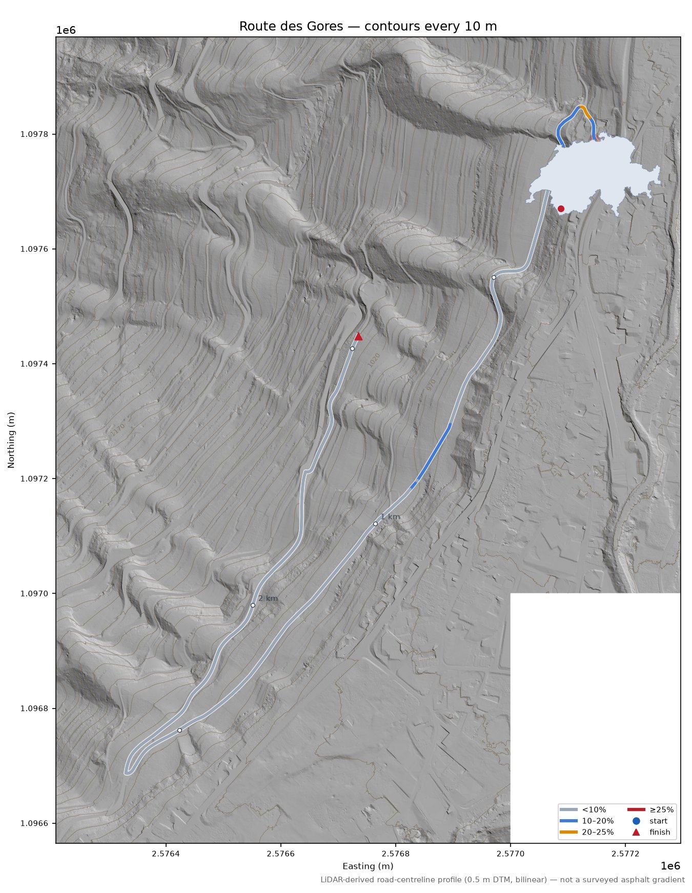 Route des Gores LiDAR hillshade map with contours