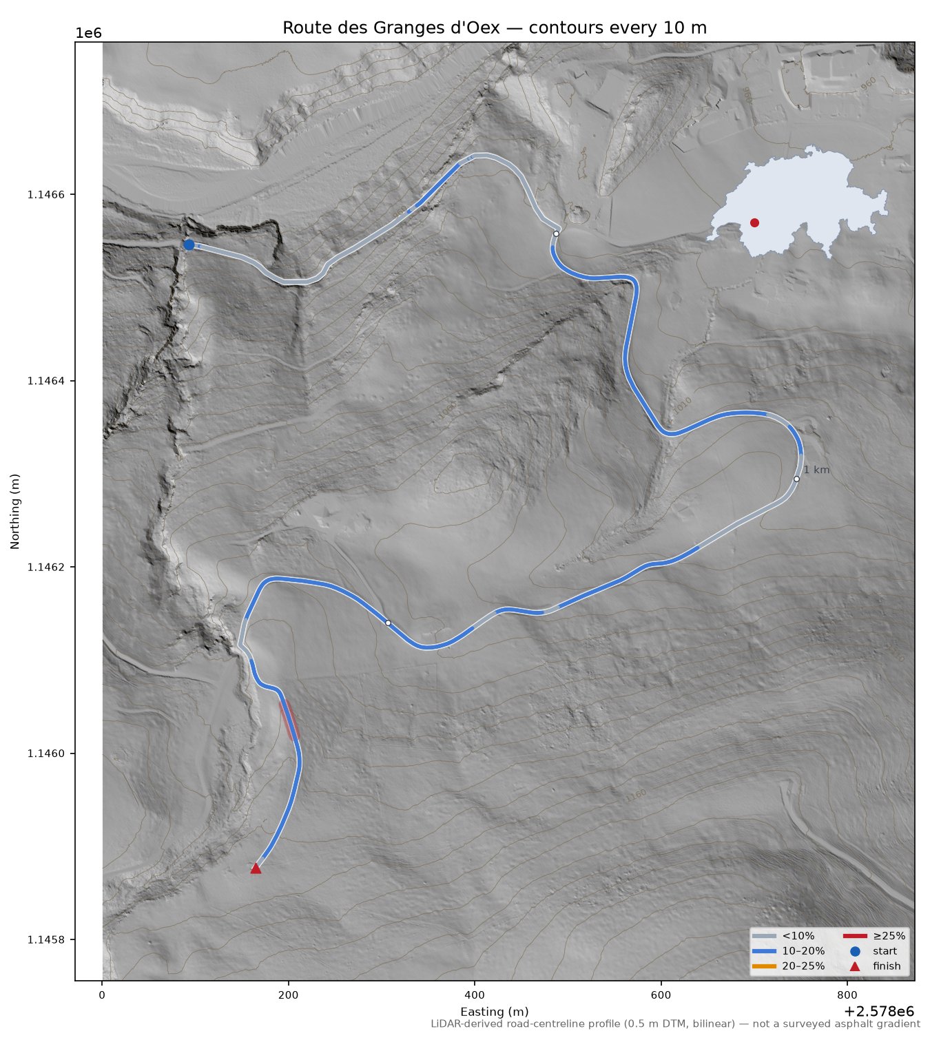 Route des Granges d'Oex LiDAR hillshade map with contours