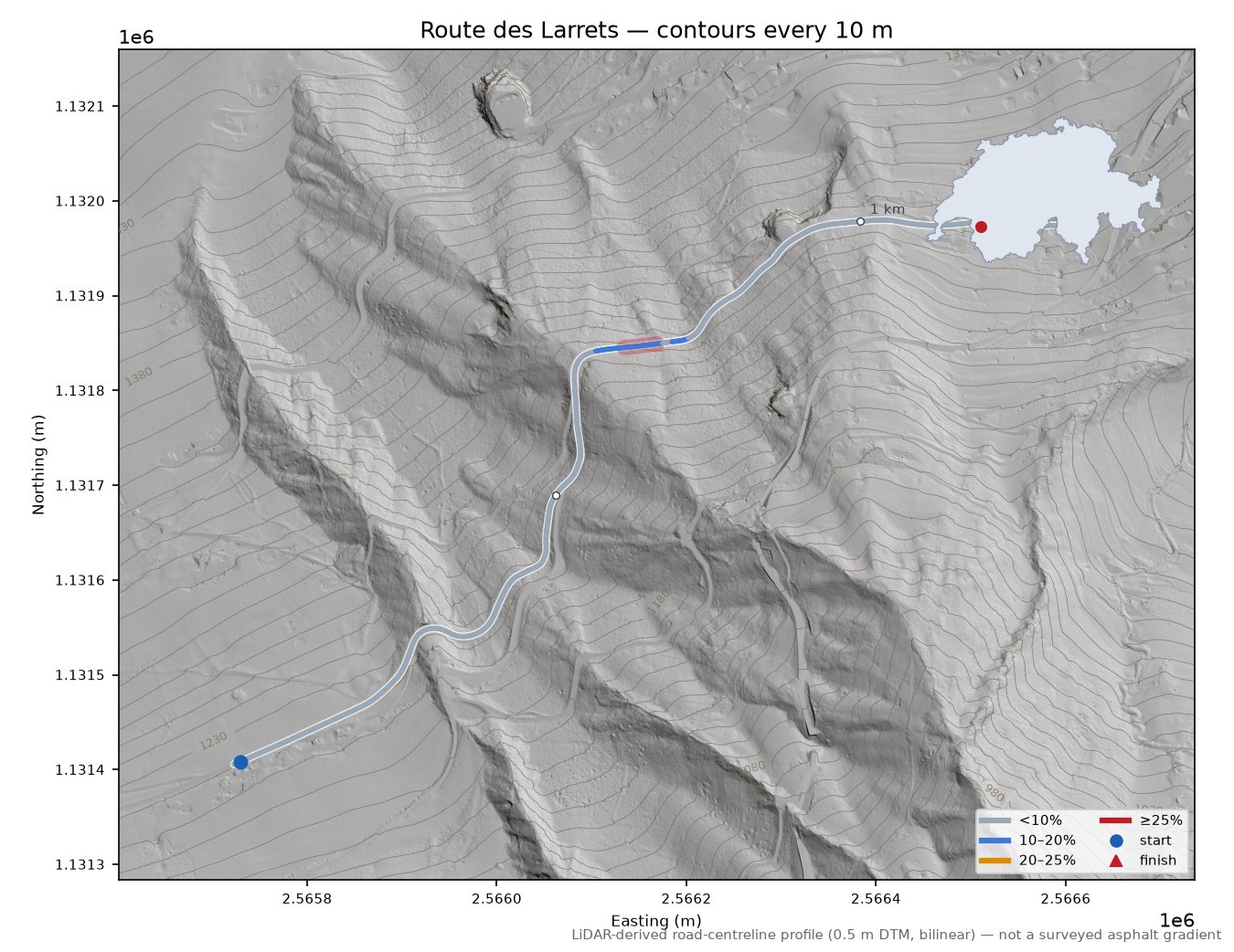 Route des Larrets LiDAR hillshade map with contours