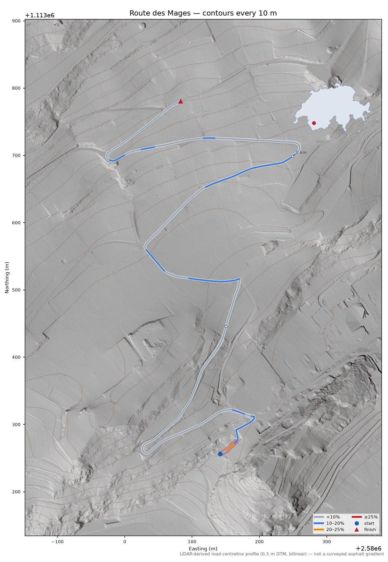 Route des Mages LiDAR hillshade map with contours