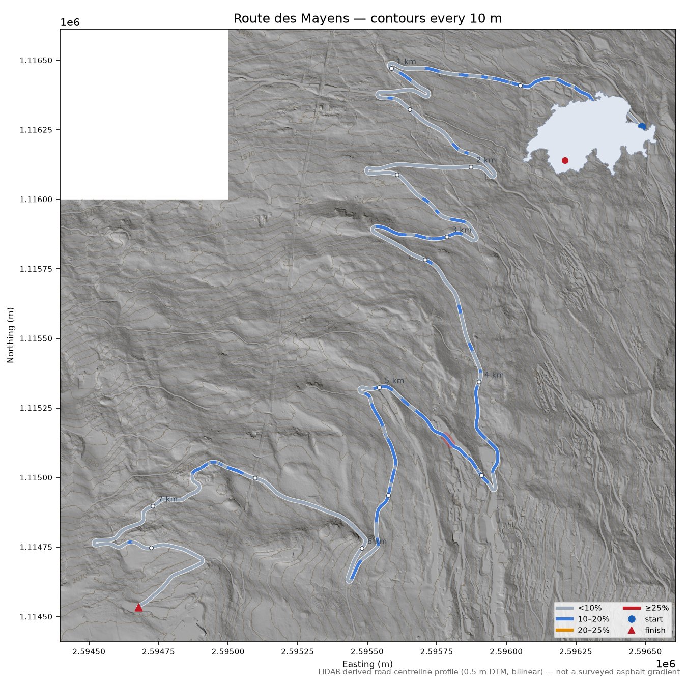 Route des Mayens LiDAR hillshade map with contours