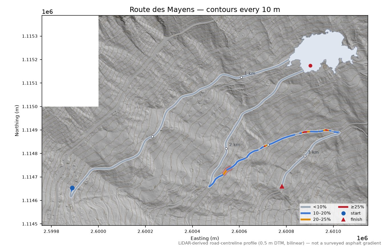Route des Mayens LiDAR hillshade map with contours