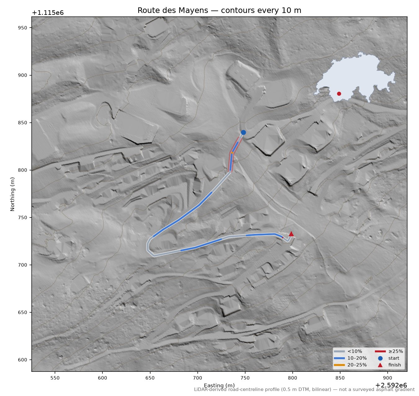 Route des Mayens LiDAR hillshade map with contours