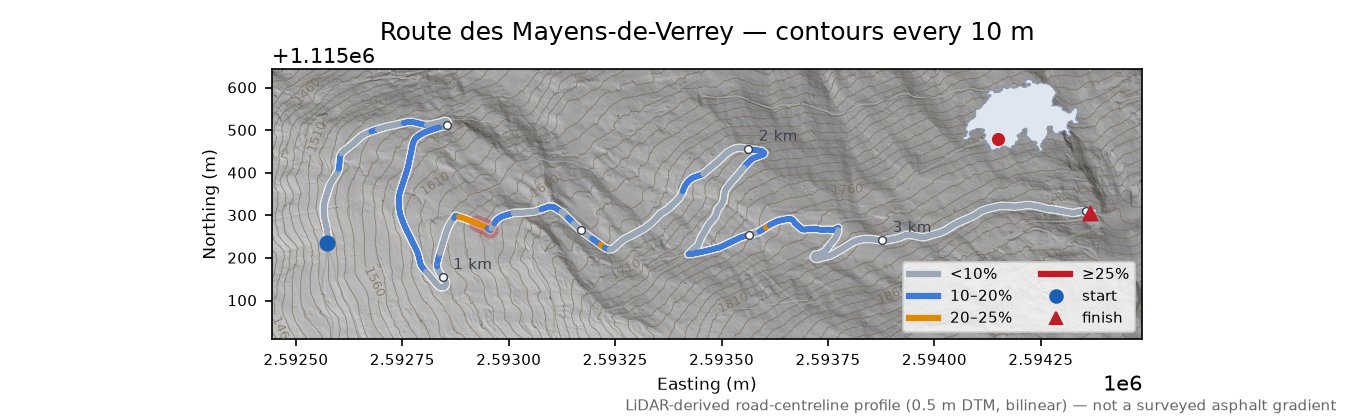 Route des Mayens-de-Verrey LiDAR hillshade map with contours