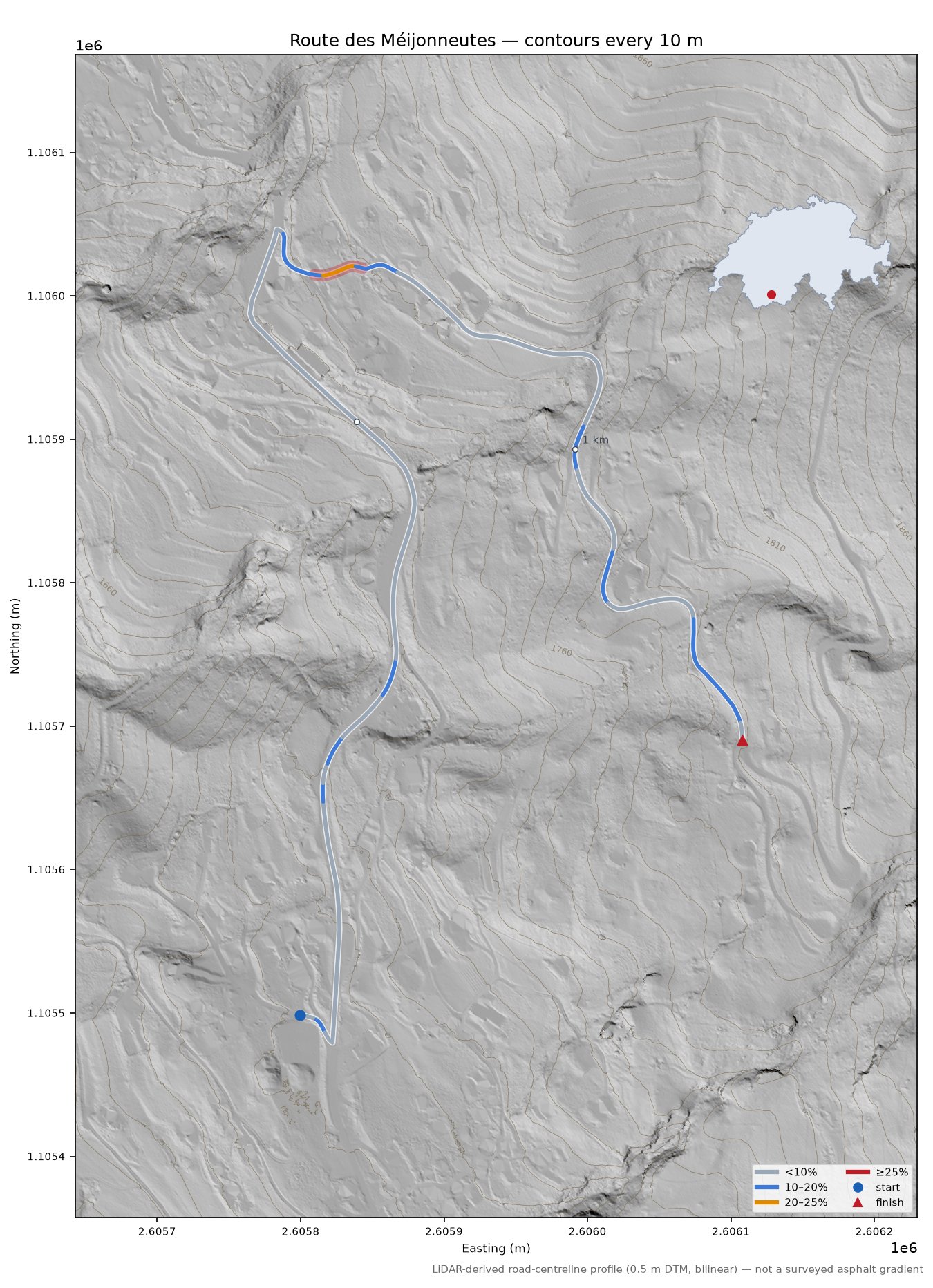 Route des Méijonneutes LiDAR hillshade map with contours