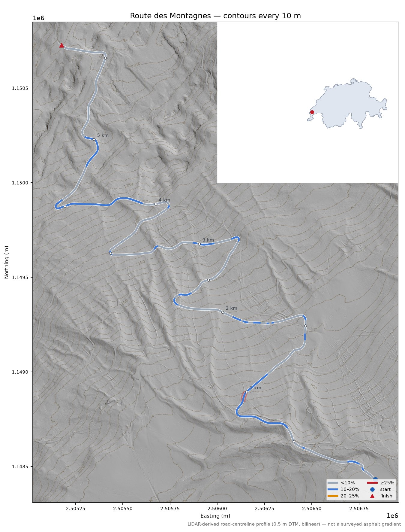 Route des Montagnes LiDAR hillshade map with contours