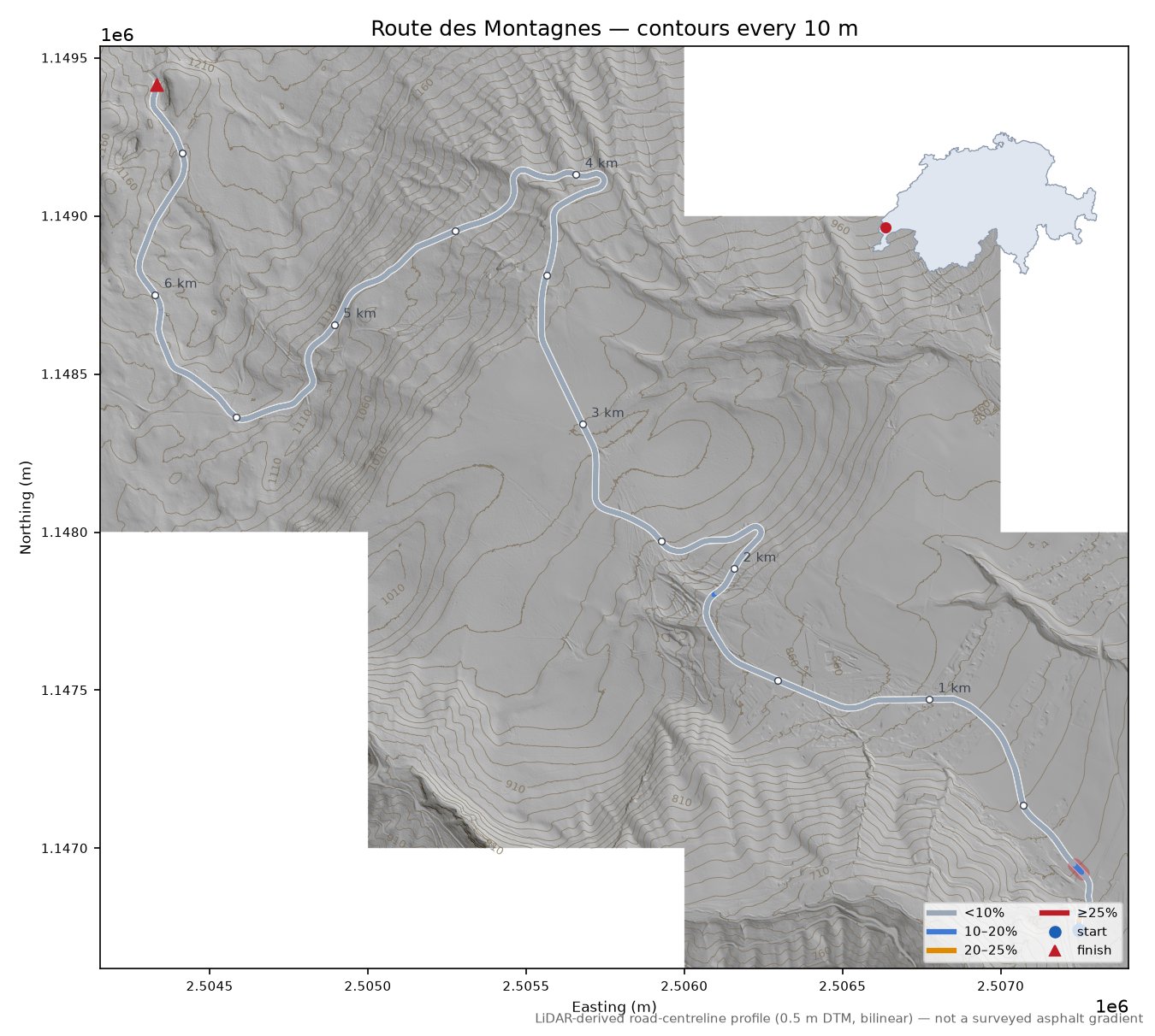Route des Montagnes LiDAR hillshade map with contours