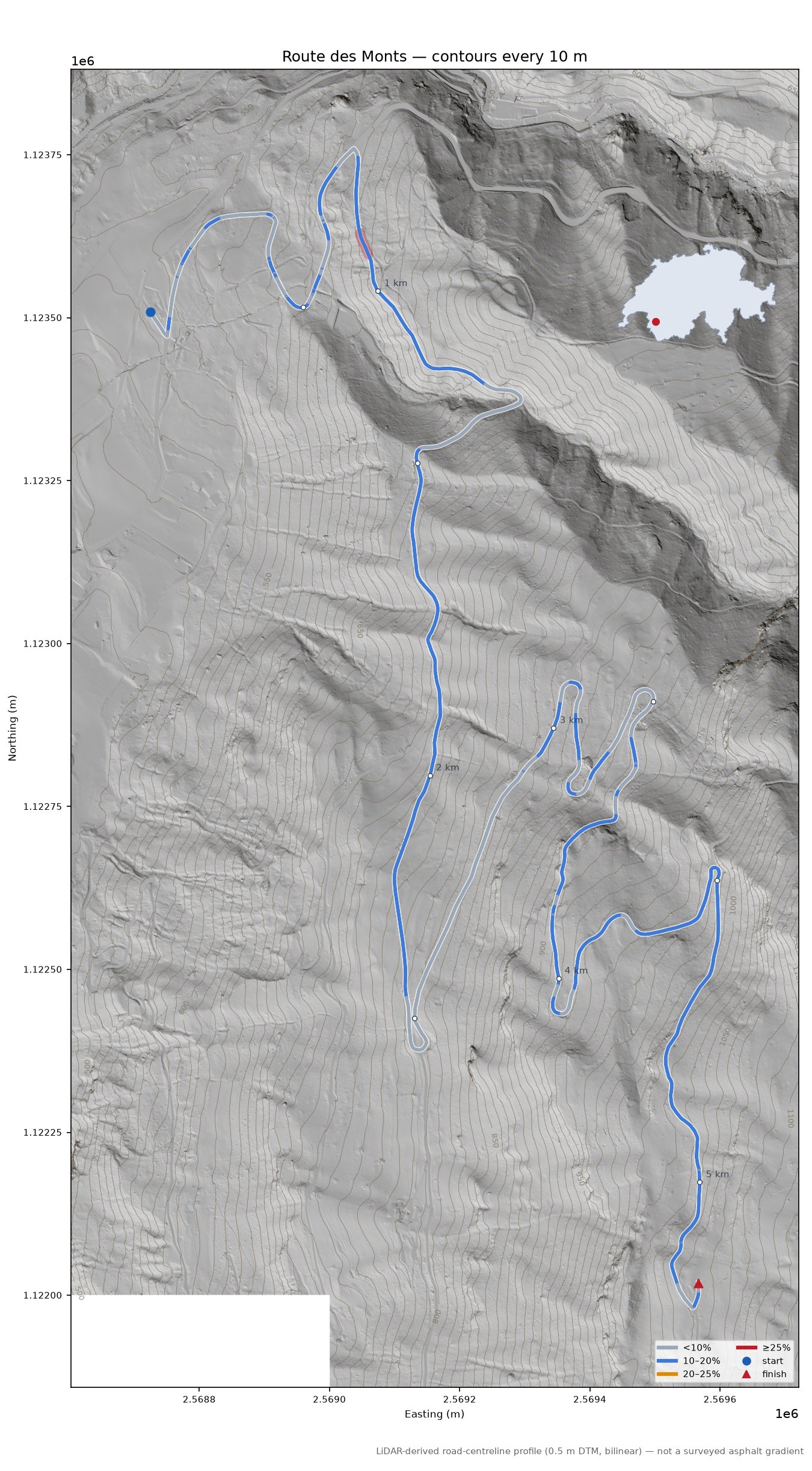Route des Monts LiDAR hillshade map with contours