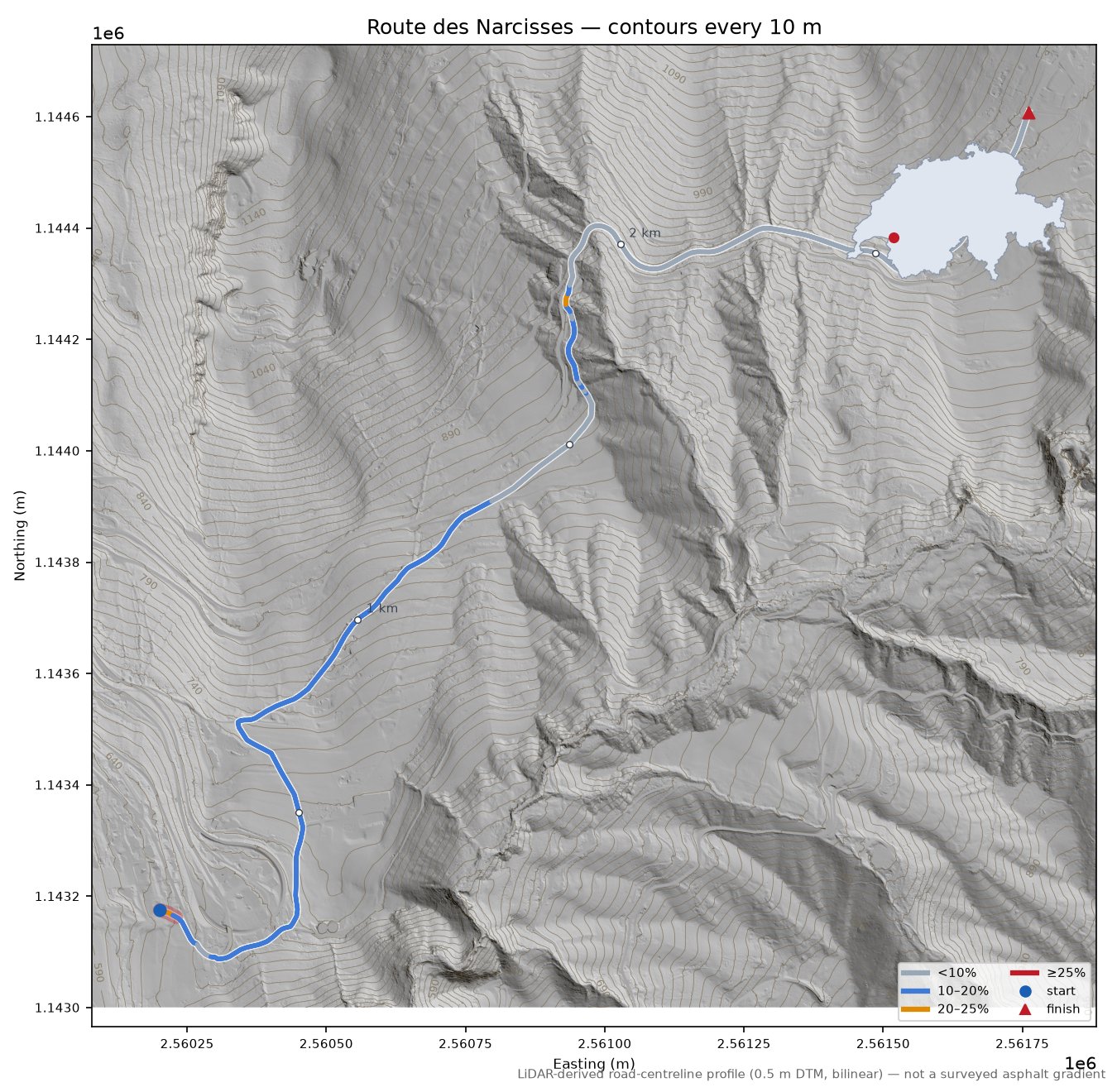 Route des Narcisses LiDAR hillshade map with contours