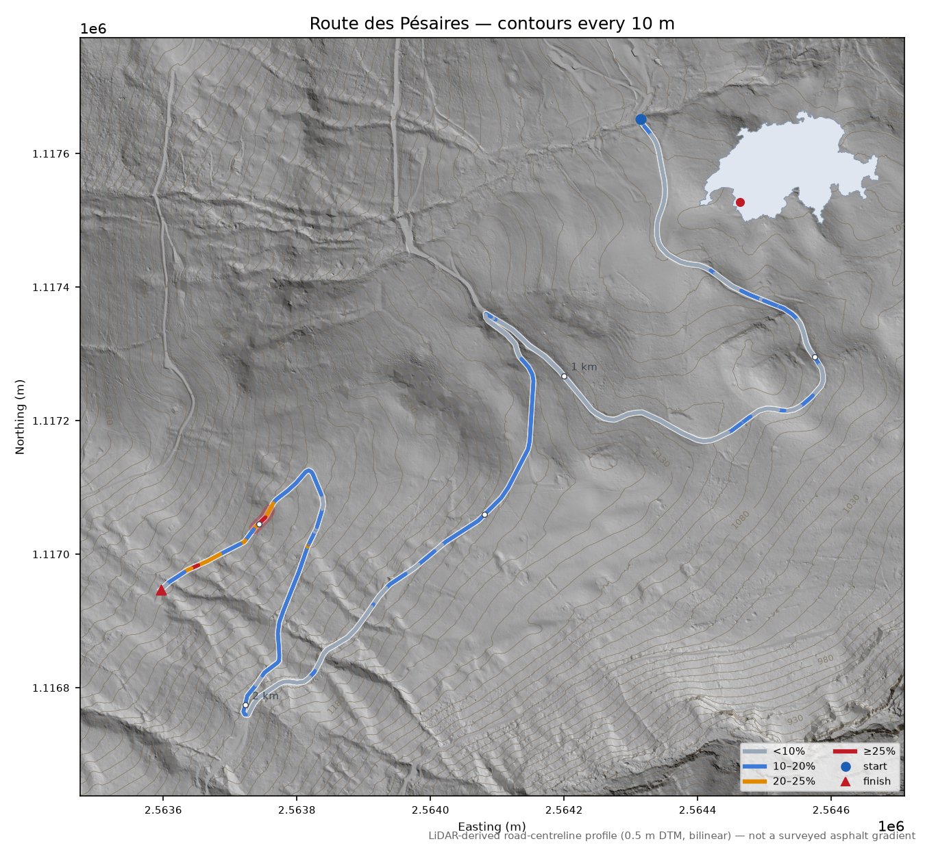 Route des Pésaires LiDAR hillshade map with contours