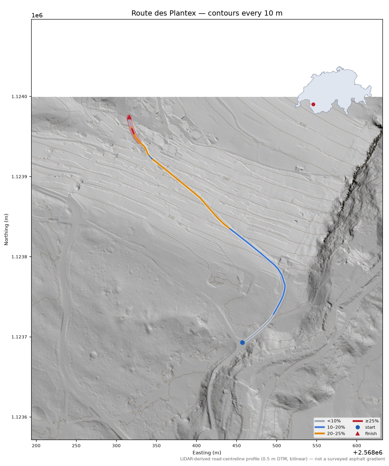 Route des Plantex LiDAR hillshade map with contours