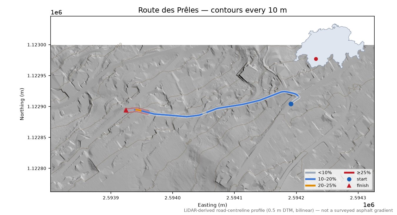 Route des Prêles LiDAR hillshade map with contours