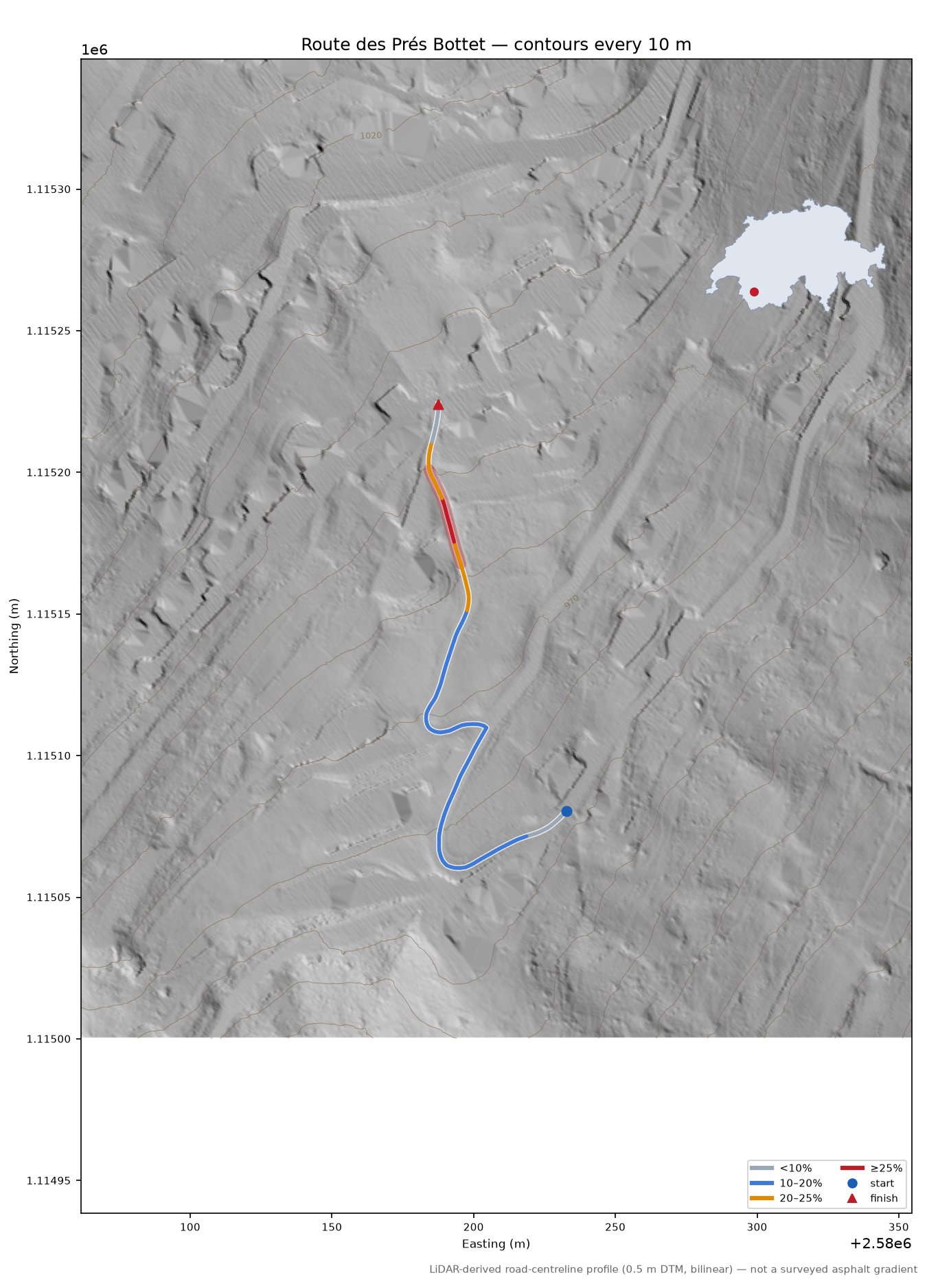 Route des Prés Bottet LiDAR hillshade map with contours