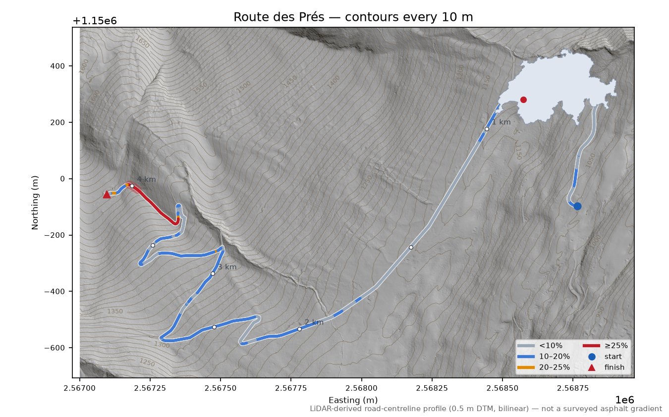 Route des Prés LiDAR hillshade map with contours