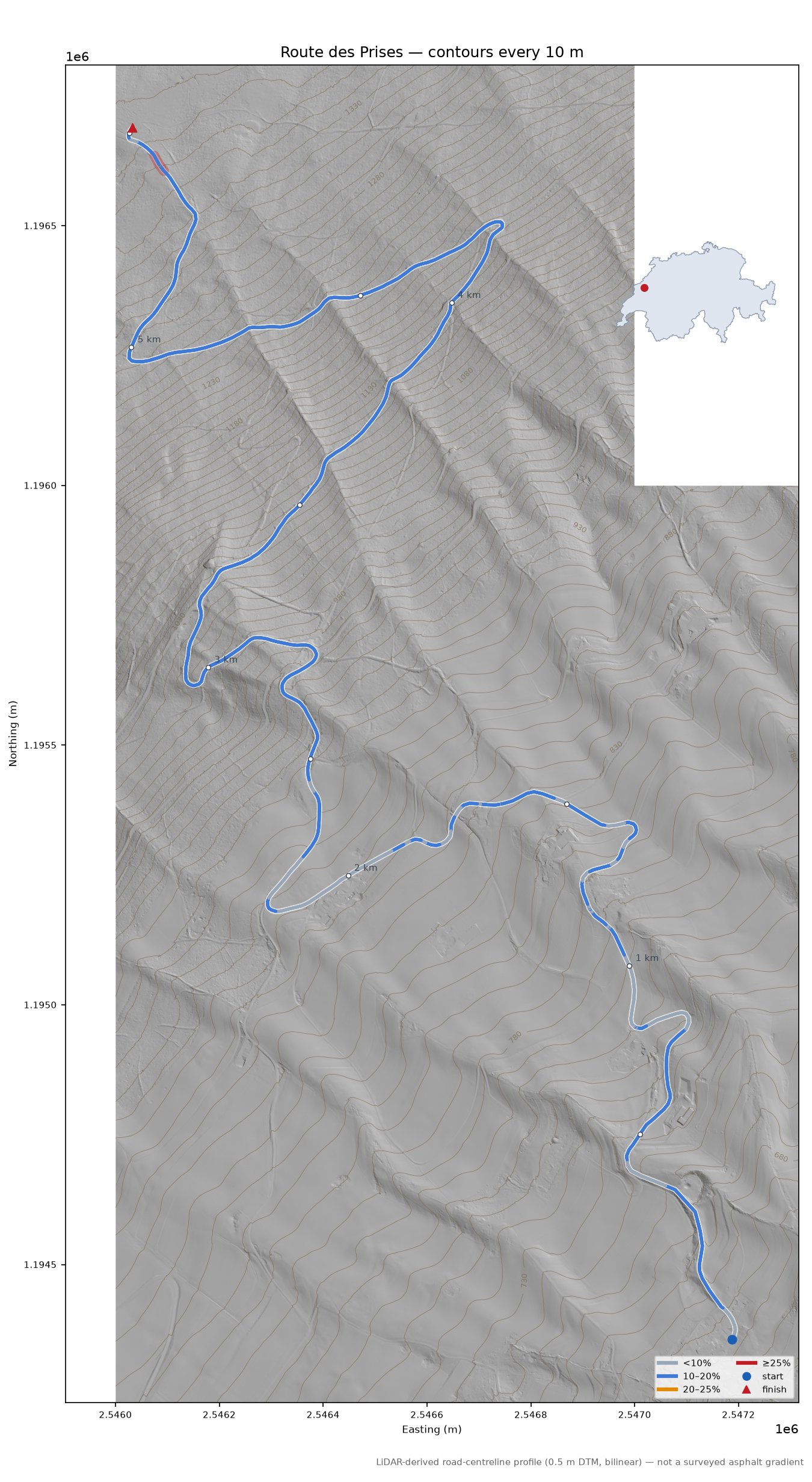 Route des Prises LiDAR hillshade map with contours