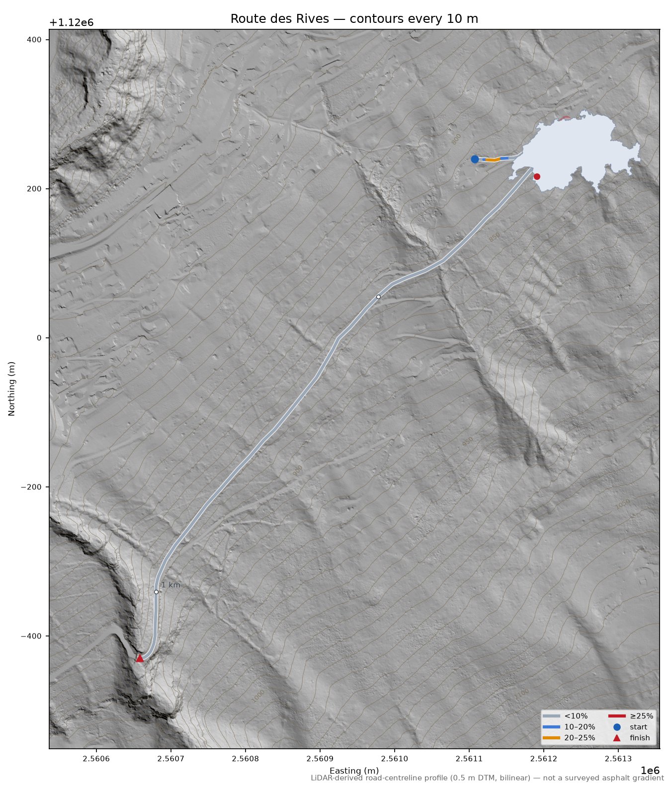 Route des Rives LiDAR hillshade map with contours