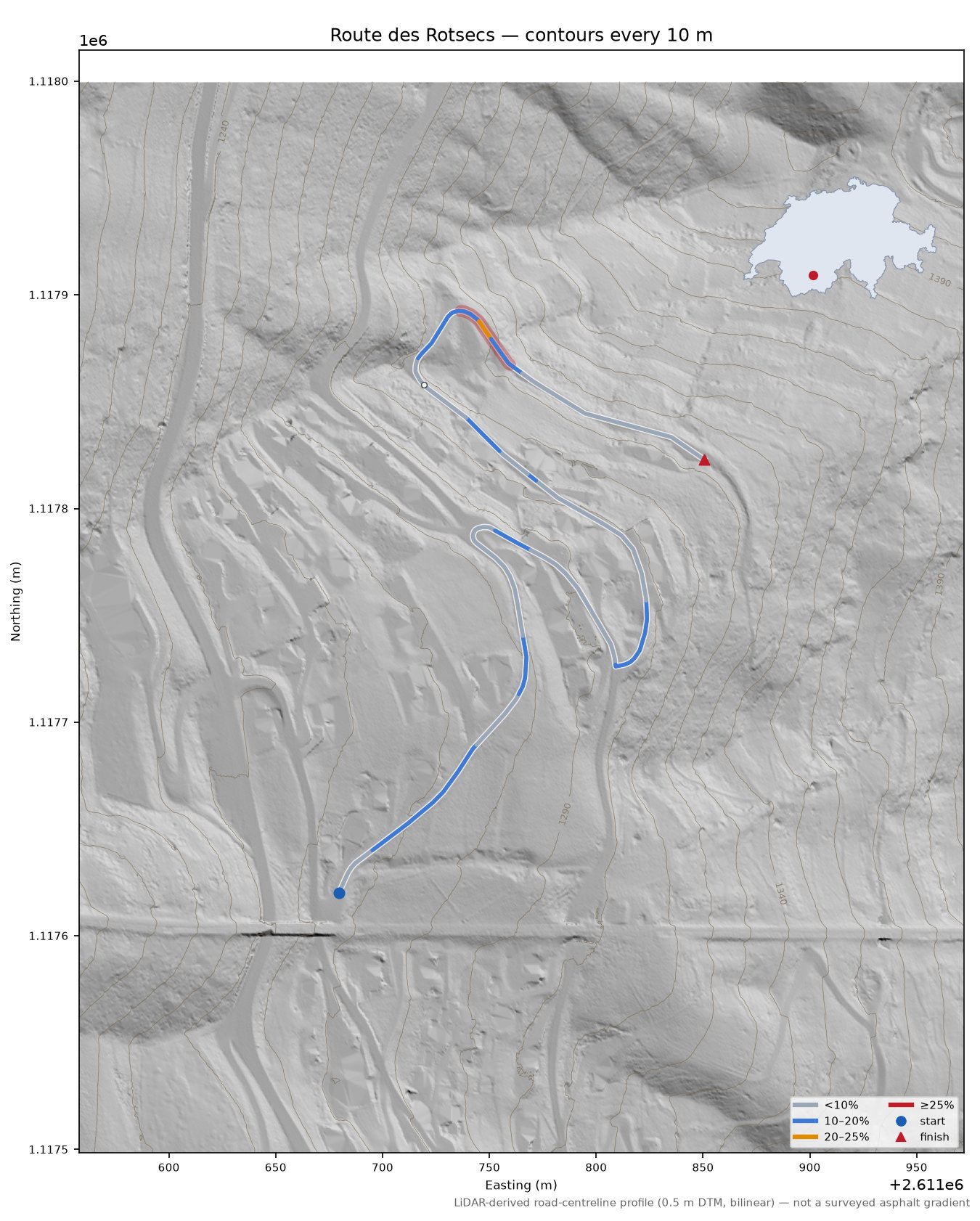 Route des Rotsecs LiDAR hillshade map with contours